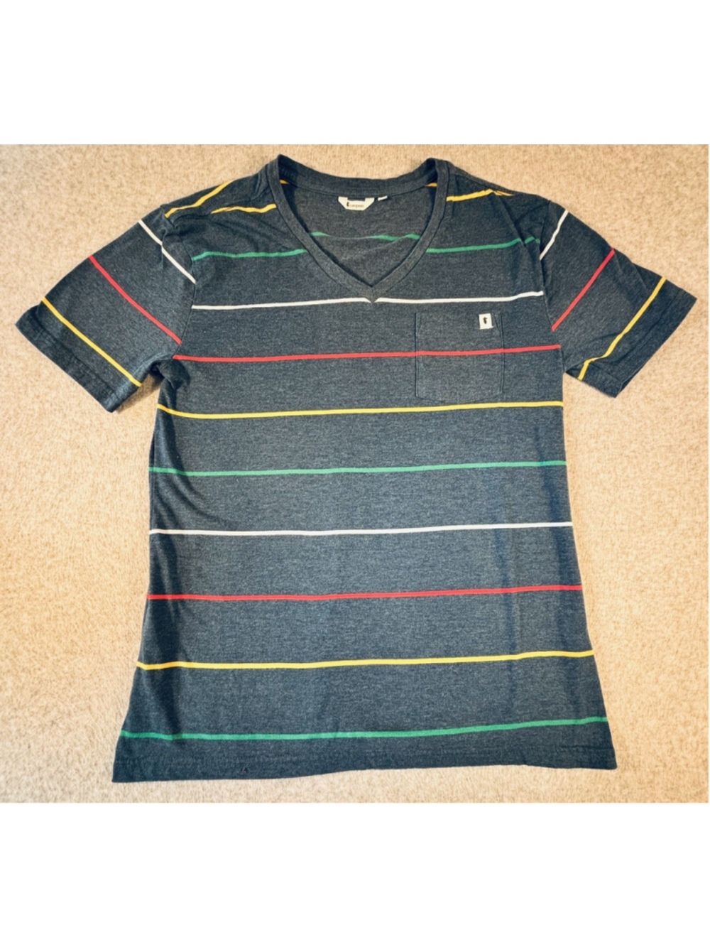 Cotopaxi Men’s Large Blue Multicolor Stripe V-Neck Pocket T-Shirt Outdoor